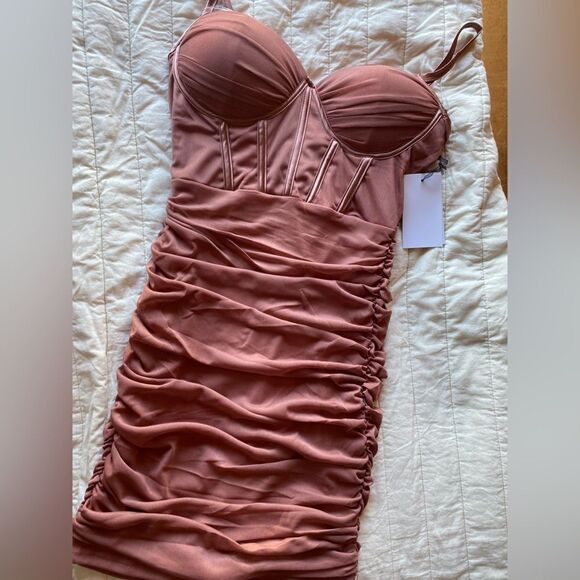 IRIS mini dress light brown  with spaghetti straps top corset type ruched New - Picture 4 of 10